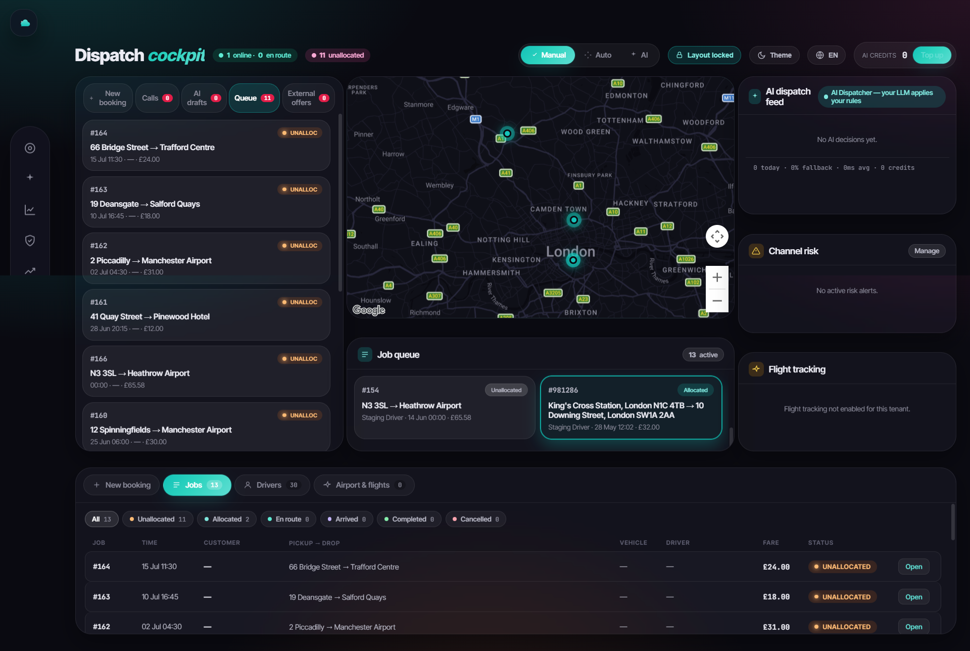 TaxiCloud dispatch cockpit — live London map, job queue and AI dispatch feed